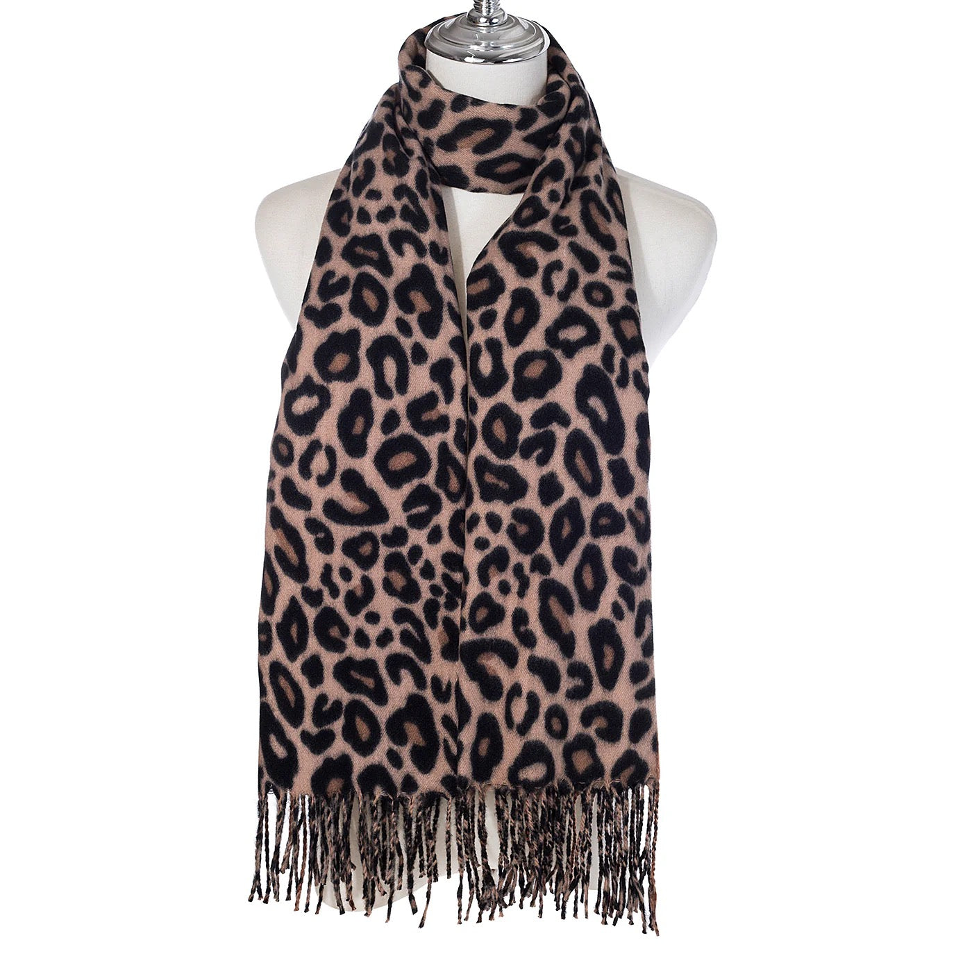 Park Lane Leopard Print with Contrast Panel Detail Tassel Cosy Scarf - Cocoa