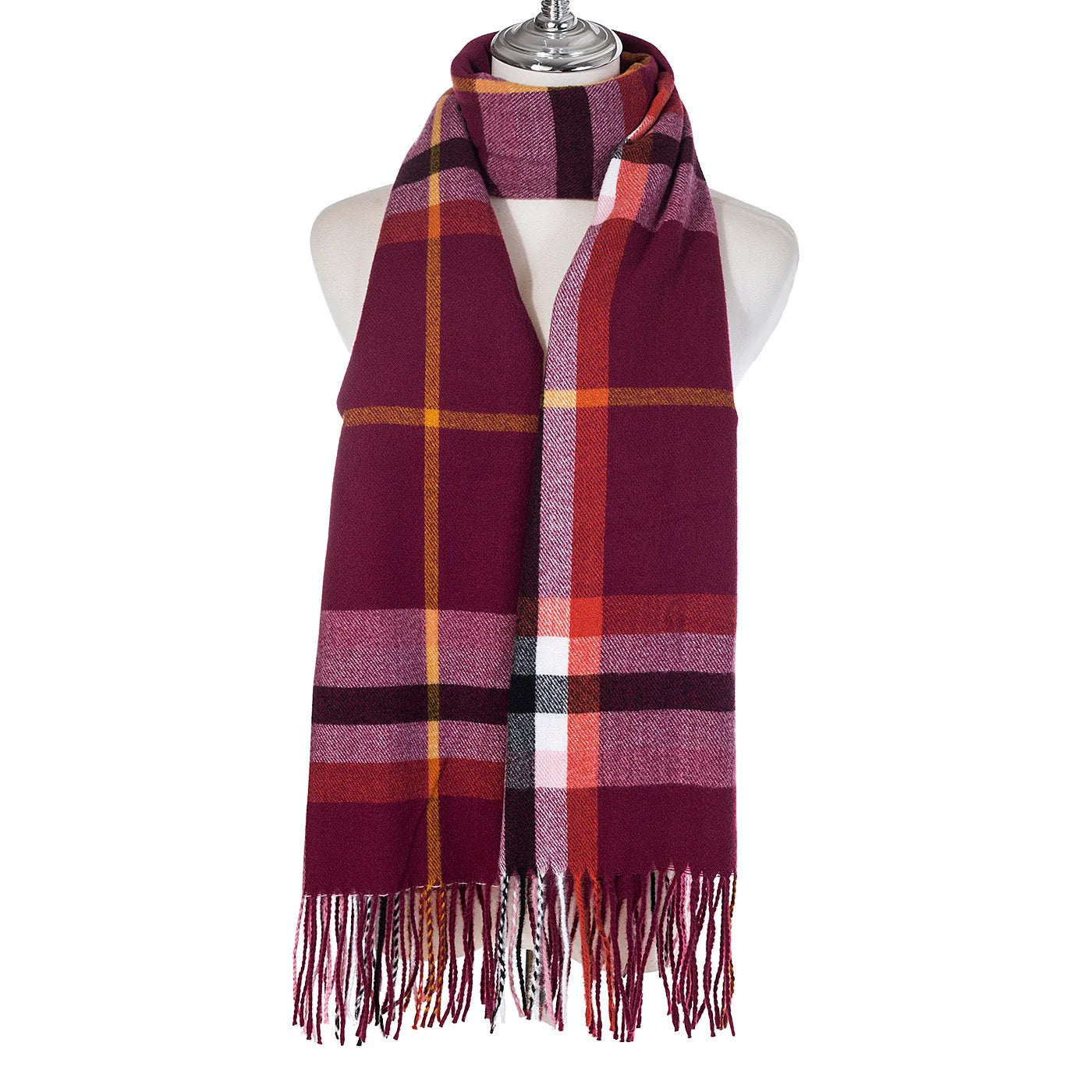 Park Lane - Check Print Cosy Tassel Scarf - Cherry Mix