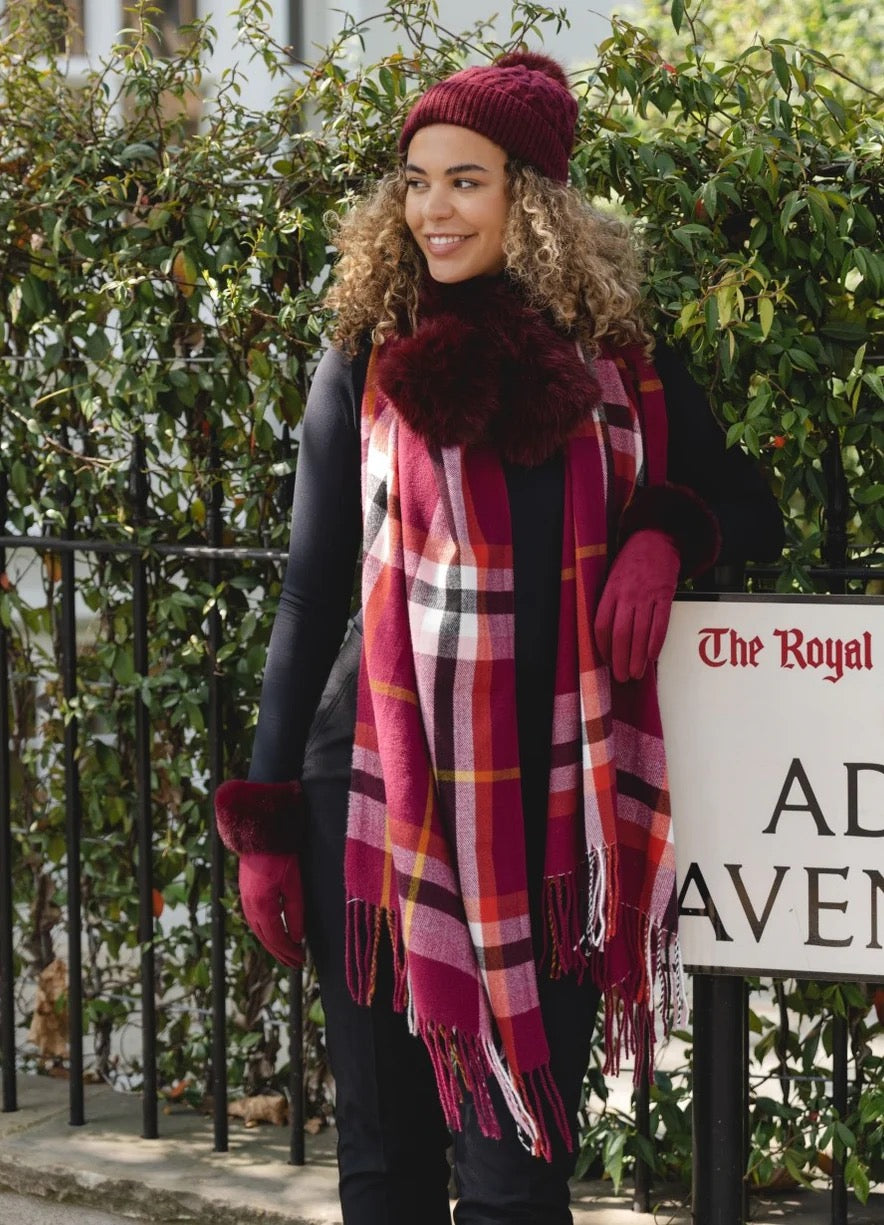 Park Lane - Check Print Cosy Tassel Scarf - Cherry Mix