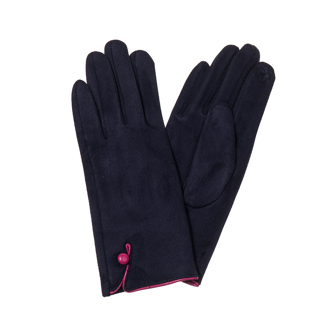 Park Lane Single Button Detail Faux Suede Ladies Gloves- NavyBlue/Fuchisa Edge