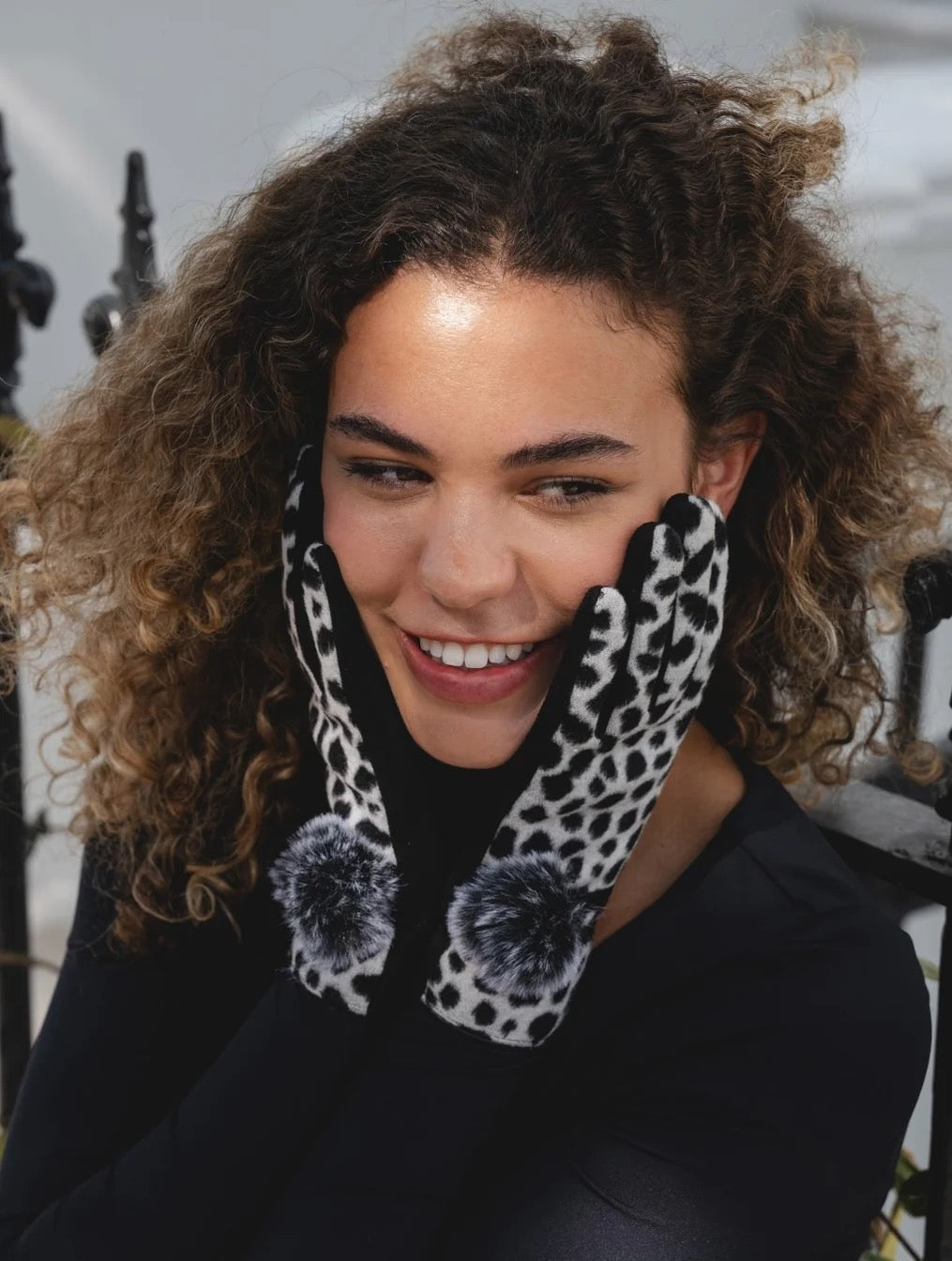 Park Lane Spot Print & Faux Fur Pom Pom Detail Ladies Gloves- Ebony