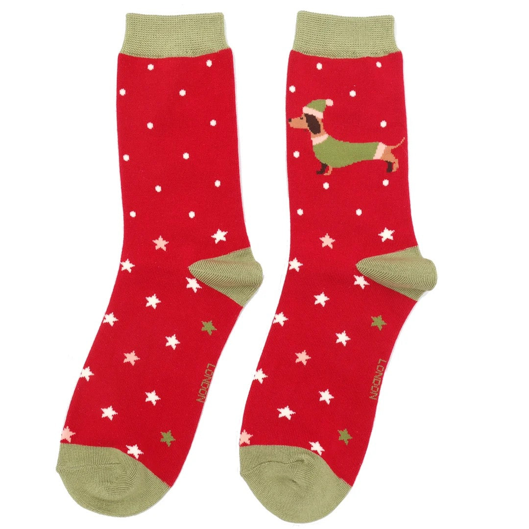 Miss Sparrow Ladies Bamboo Ankle Socks - Festive Sausage Dogs - Red