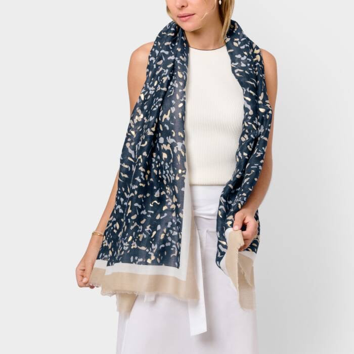 Katie Loxton Terrazzo Printed Foil Scarf -Navy, Light Taupe & Gold