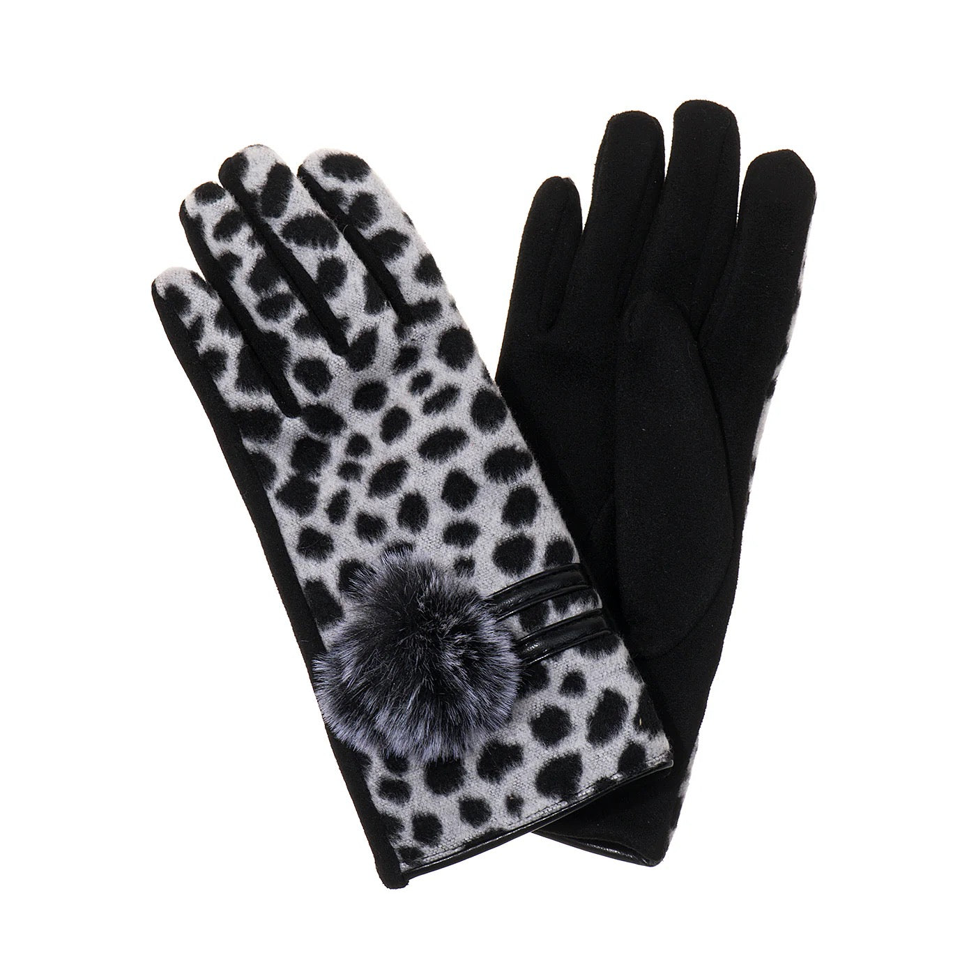 Park Lane Spot Print & Faux Fur Pom Pom Detail Ladies Gloves- Ebony