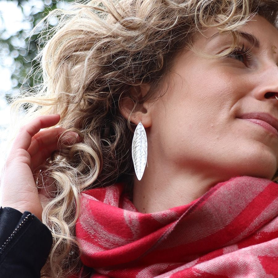 POM Silver Plated Large Leaf Drop Earrings
