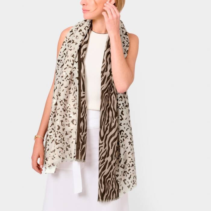 Katie Loxton Animal Printed Foil Scarf -Chocolate, Ecru & Gold
