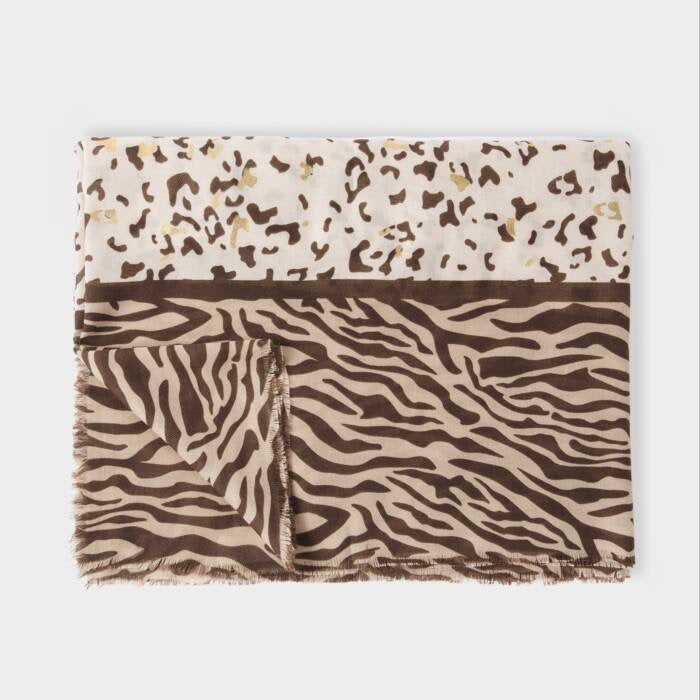 Katie Loxton Animal Printed Foil Scarf -Chocolate, Ecru & Gold