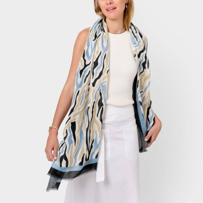 Katie Loxton Abstract Zebra Printed Scarf - Ecru, Blue & Black