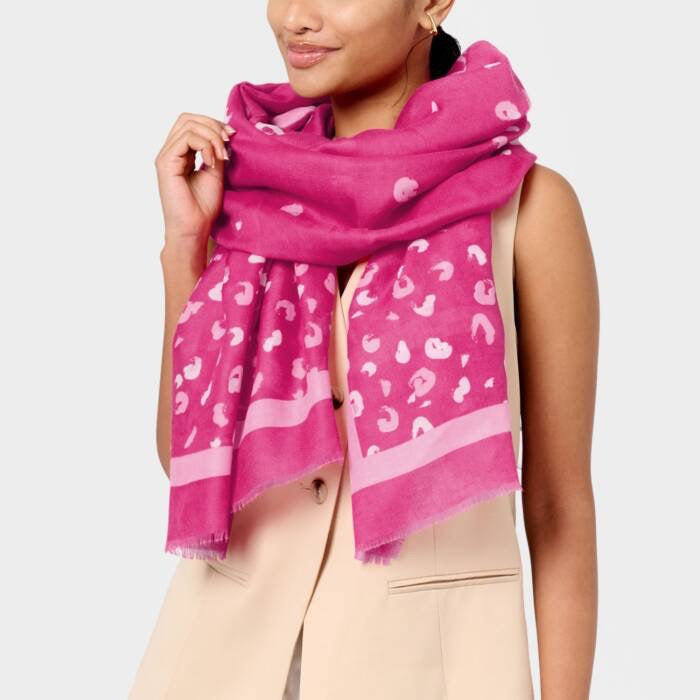 Katie Loxton Leopard Brush Stroke Printed Foil Scarf -Magenta, Off White & Rose Gold Foil