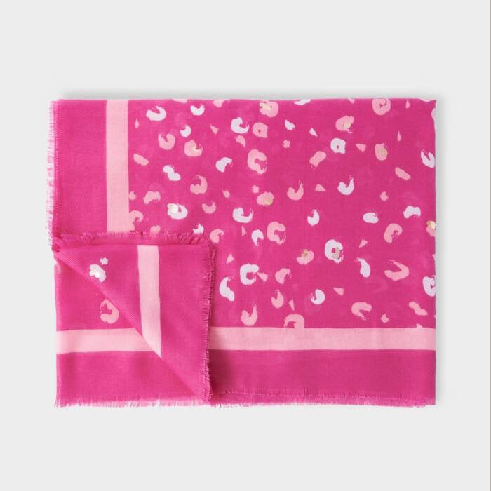 Katie Loxton Leopard Brush Stroke Printed Foil Scarf -Magenta, Off White & Rose Gold Foil