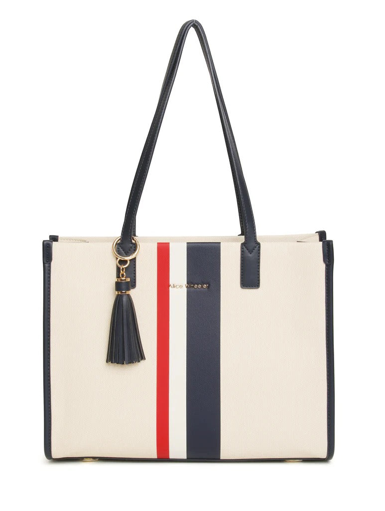 Alice Wheeler Stripe Tote Shoulder Handbag -Navy/Red/Cream