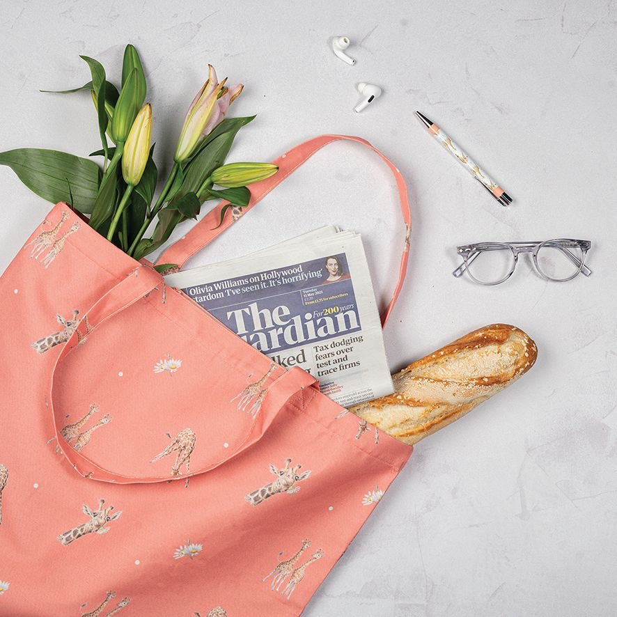 Giraffe & Flowers Foldable Large Shopper Bag - Coral - Wrendale Designs