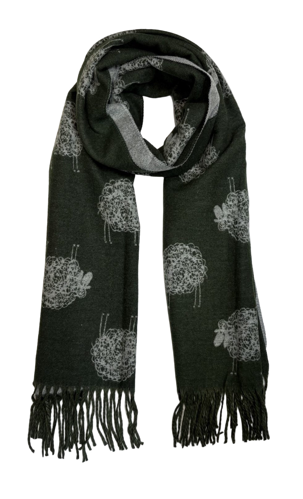Olive & Grey - Sheep - Reversible Tassel Scarf - Cashmere Blend