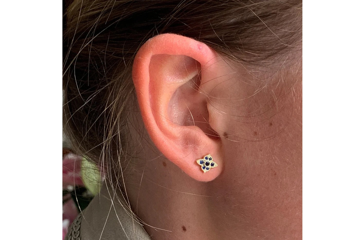 Boho Betty Takia Filigree Blue Sapphire Crystal Gold Stud Earrings