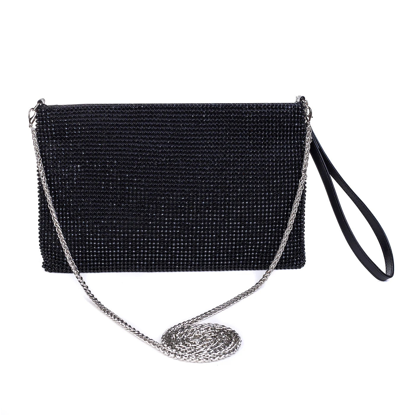 Park Lane Sparkly Mesh Crystal Slimline Pouch Clutch Handbag - Black/Black