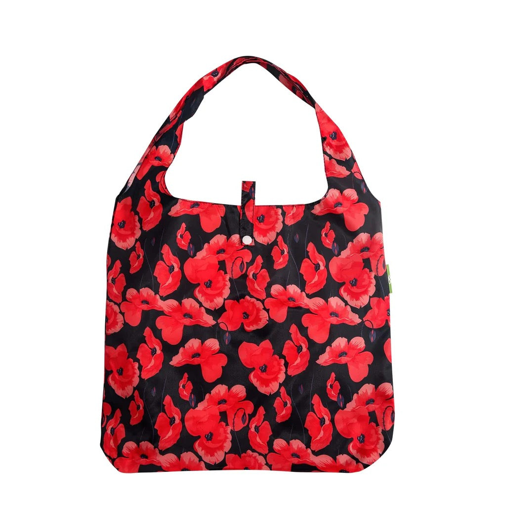Eco Chic Foldable Recycled Shopping Bag - Red Poppies - Navy Blue