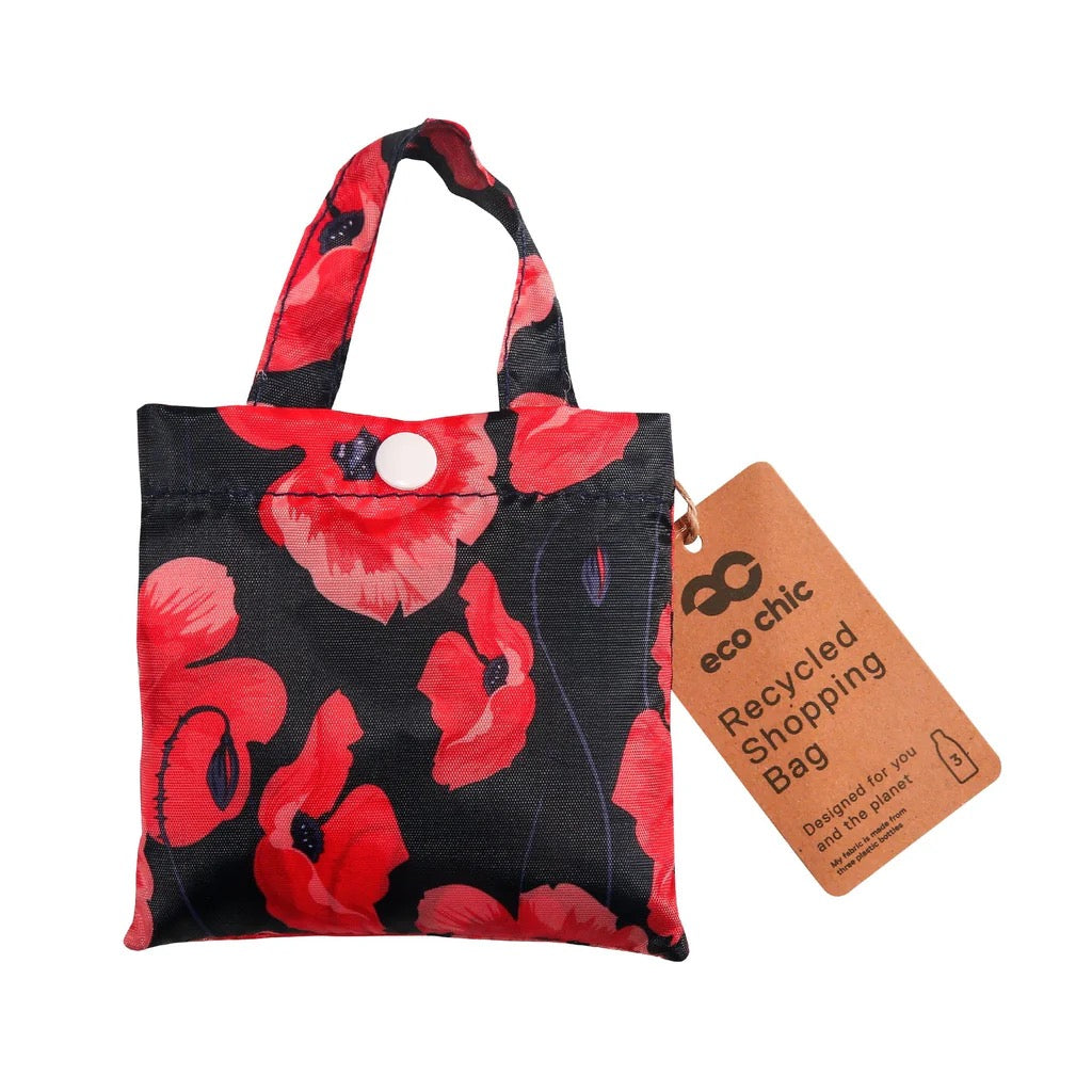 Eco Chic Foldable Recycled Shopping Bag - Red Poppies - Navy Blue