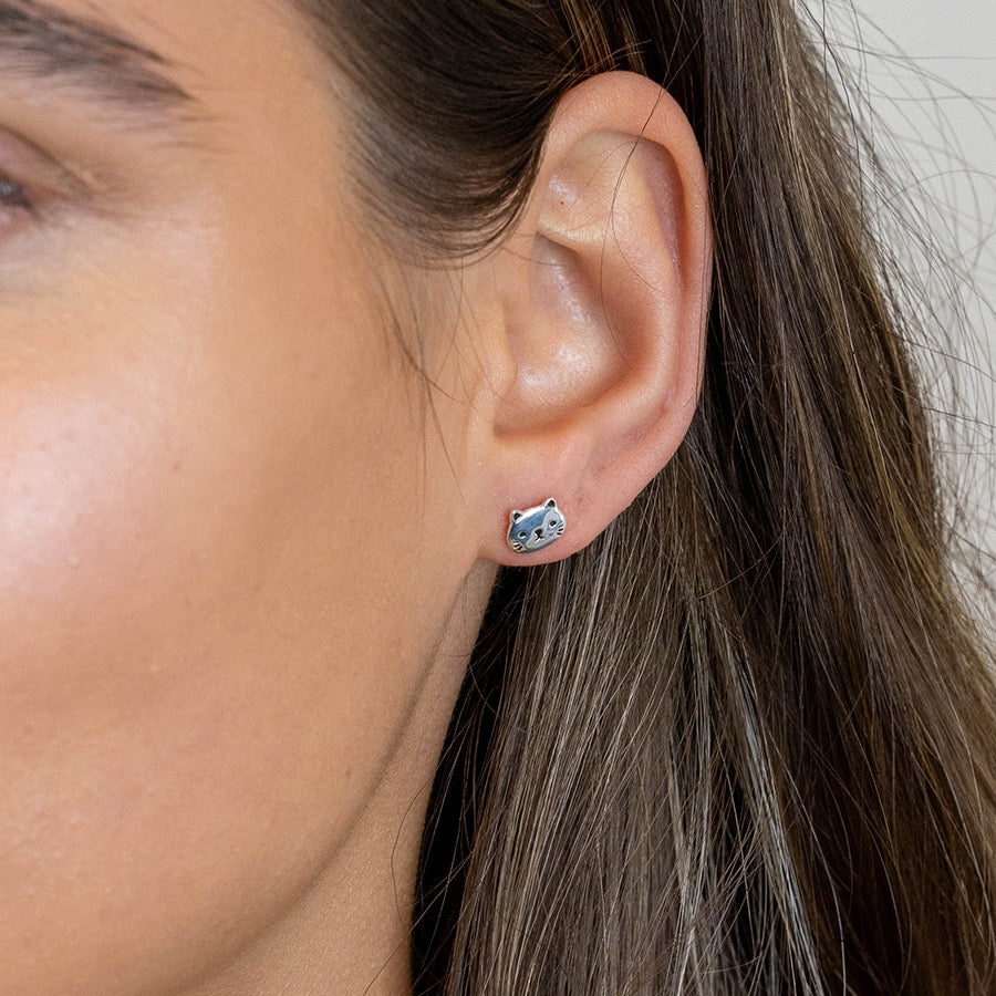 POM Sterling Silver Cat Face Stud Earrings