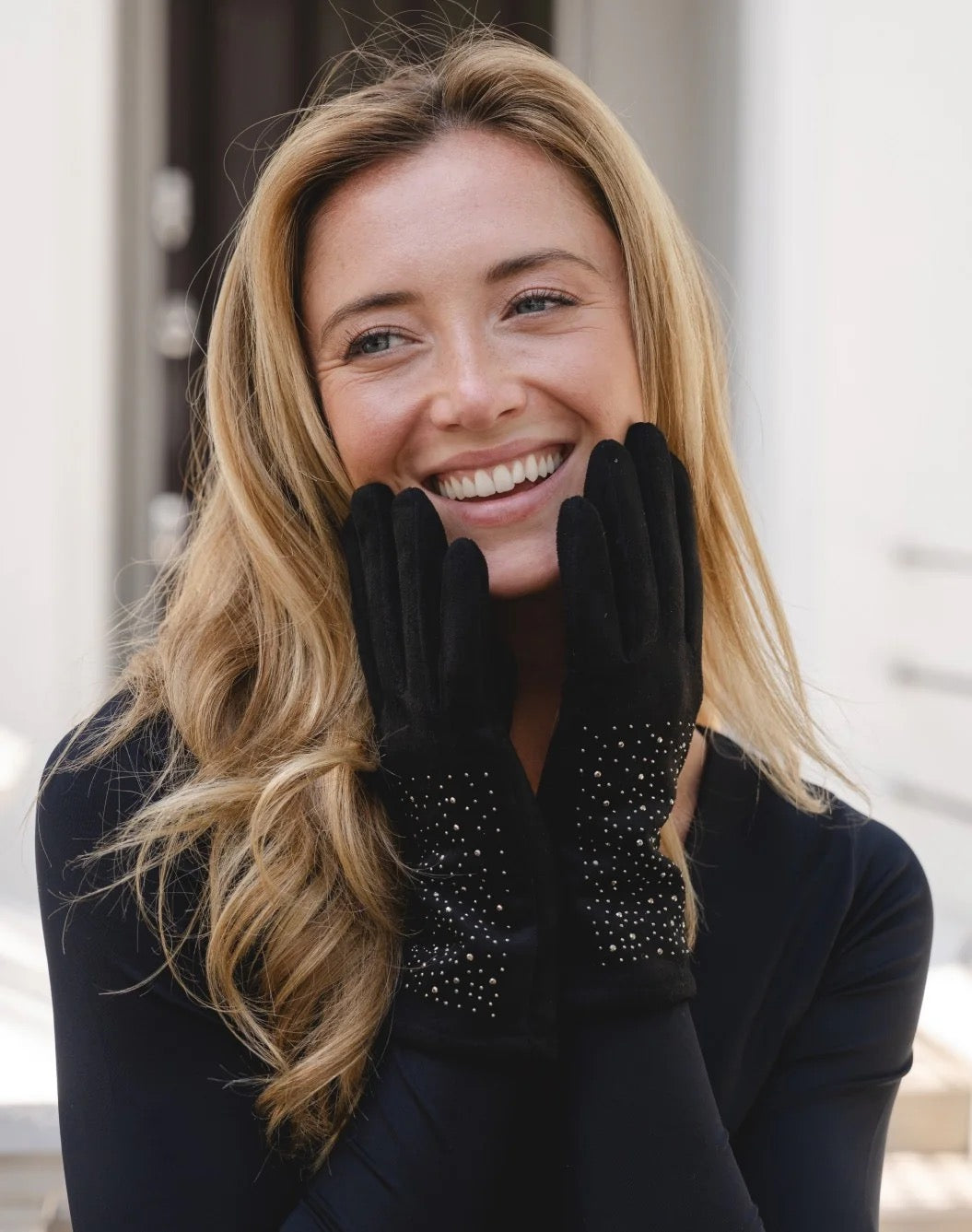 Park Lane Faux Suede Sparkly Ladies Gloves - Ebony Black