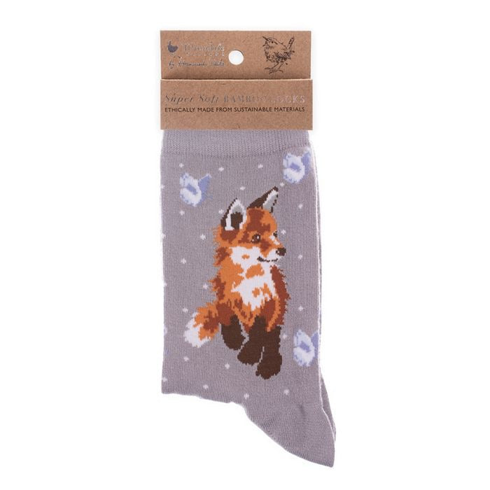 'Born to be Wild' Fox Ladies Ankle Bamboo Socks - Grey - Wrendale Designs