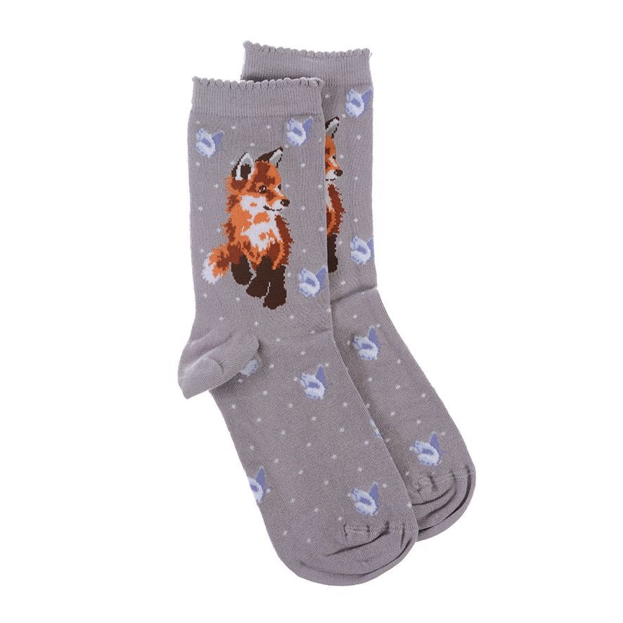 'Born to be Wild' Fox Ladies Ankle Bamboo Socks - Grey - Wrendale Designs