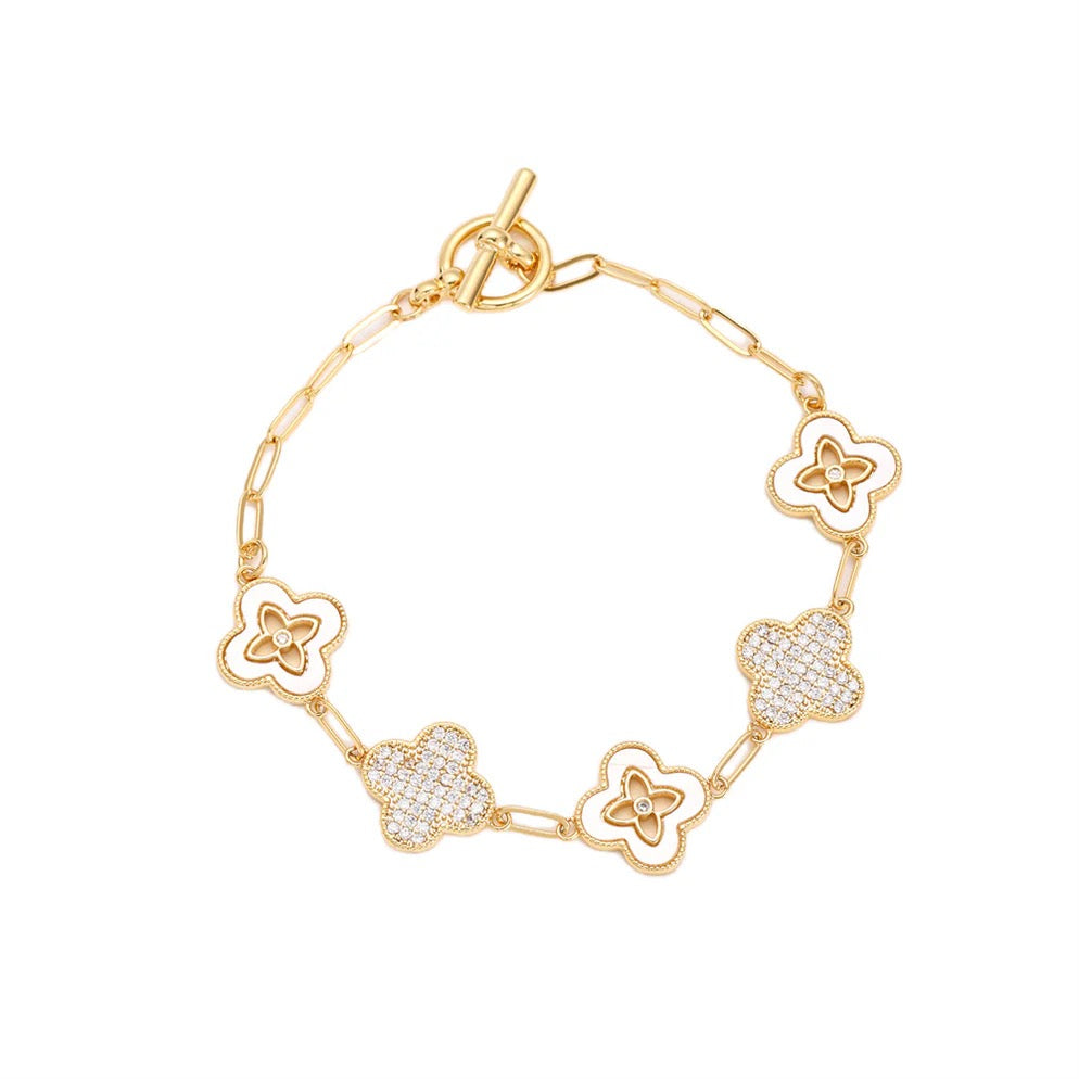 Park Lane Gold Plated, Crystal & Mother of Pearl Clover Paperclip Chain T-Bar Bracelet - Gold