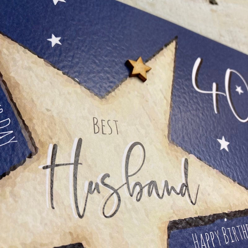 Best Husband 40th Star LARGE Card - White Cotton Cards