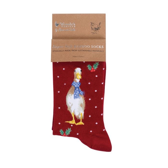 'Christmas Scarves' Duck Ladies Ankle Bamboo Socks - Red - Wrendale Designs