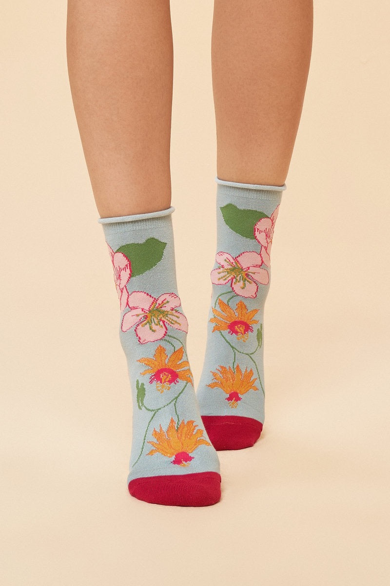 Powder Tropical Flora Bamboo Ankle Socks - Ice Blue