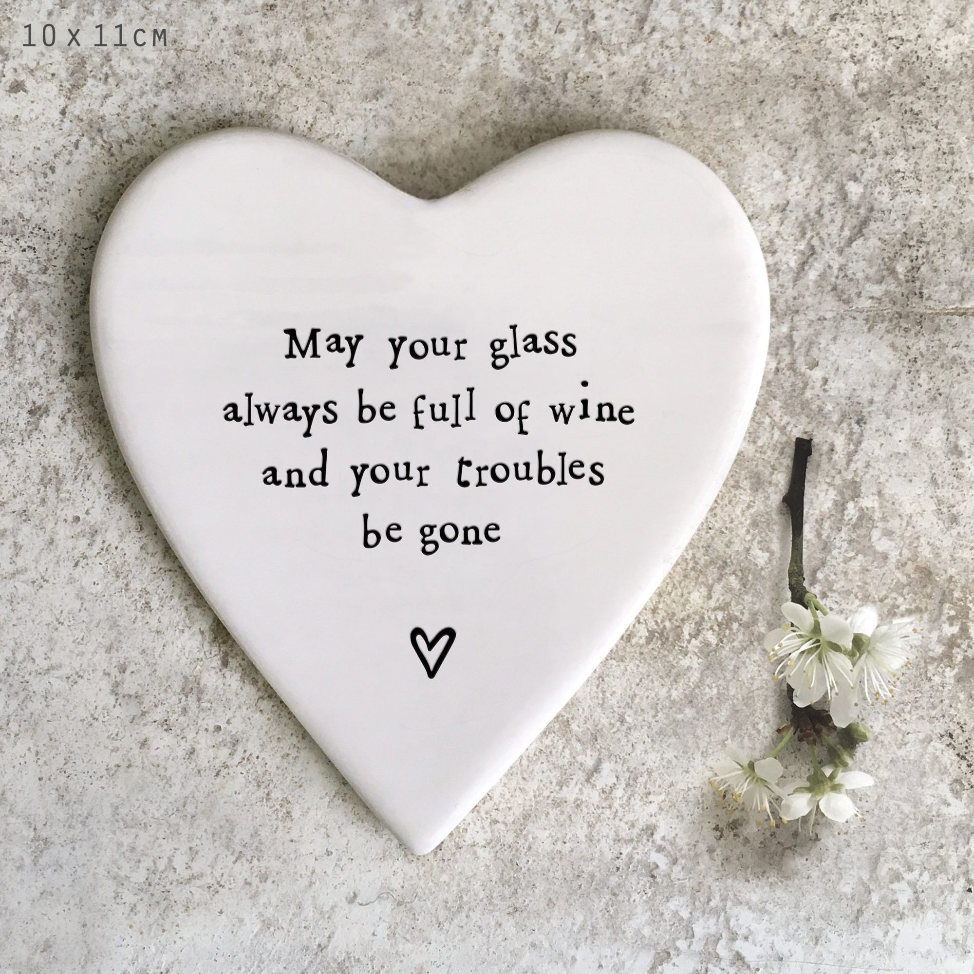 East of India Porcelain Heart Coaster - May Glass Be Full of Wine