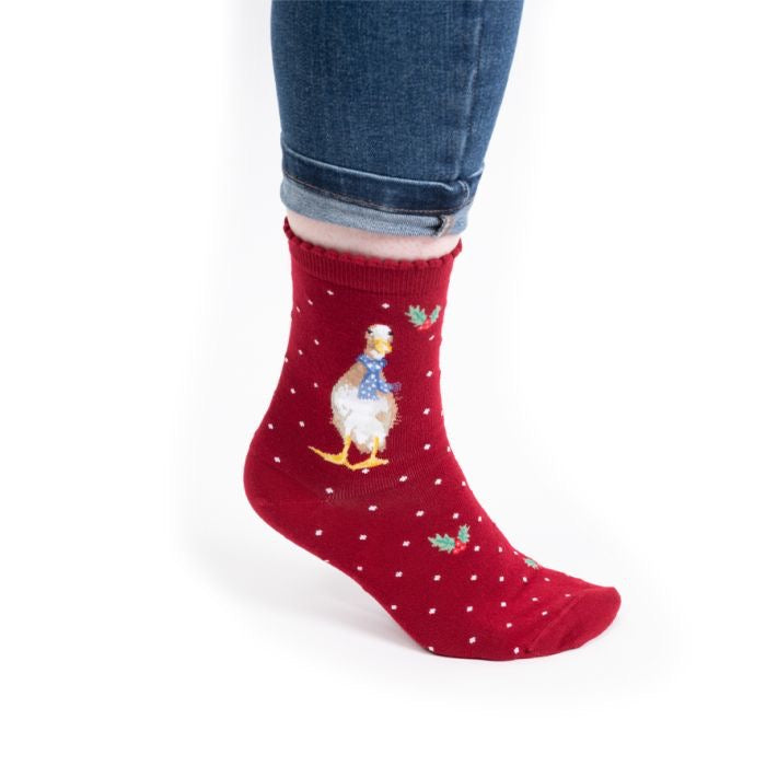 'Christmas Scarves' Duck Ladies Ankle Bamboo Socks - Red - Wrendale Designs