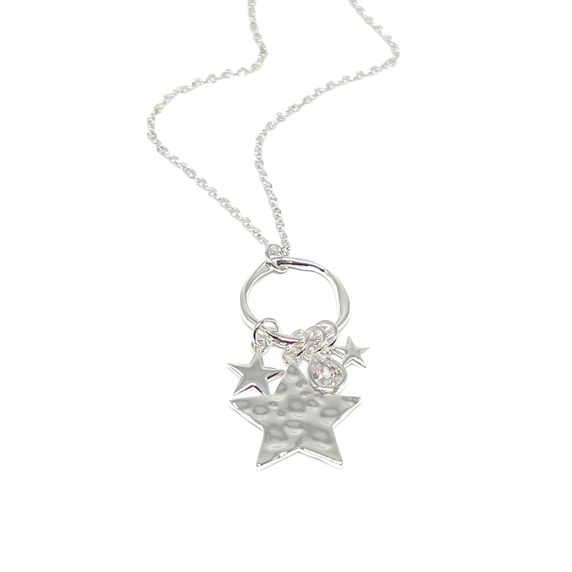 Joanna Triple Star & Crystal Charm Long Necklace - Silver - Clementine Jewellery