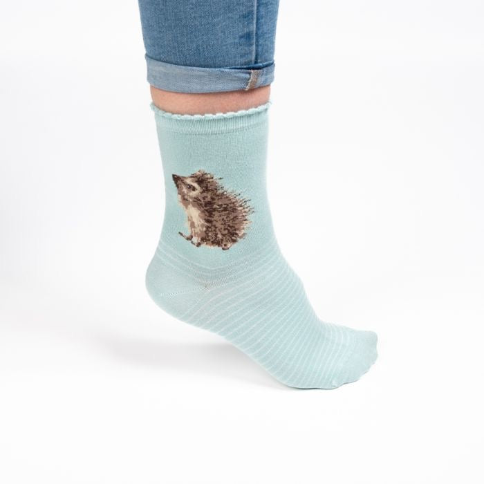 Hedgehugs (Hedgehog) Ladies Ankle Bamboo Socks -Duck Egg - Wrendale Designs