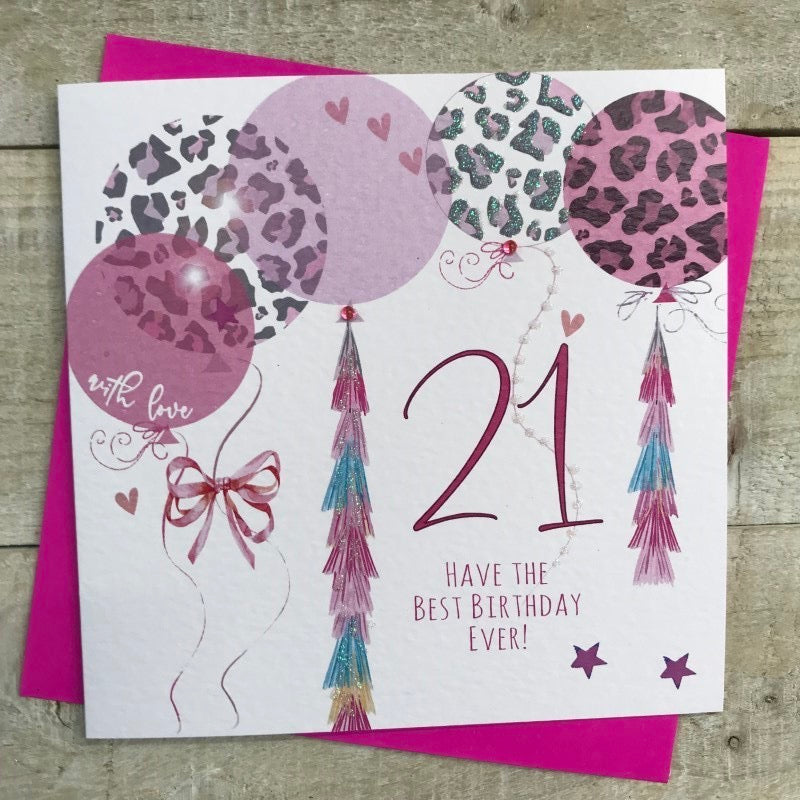 21st Birthday Pink Leopard Balloons Card - White Cotton Cards
