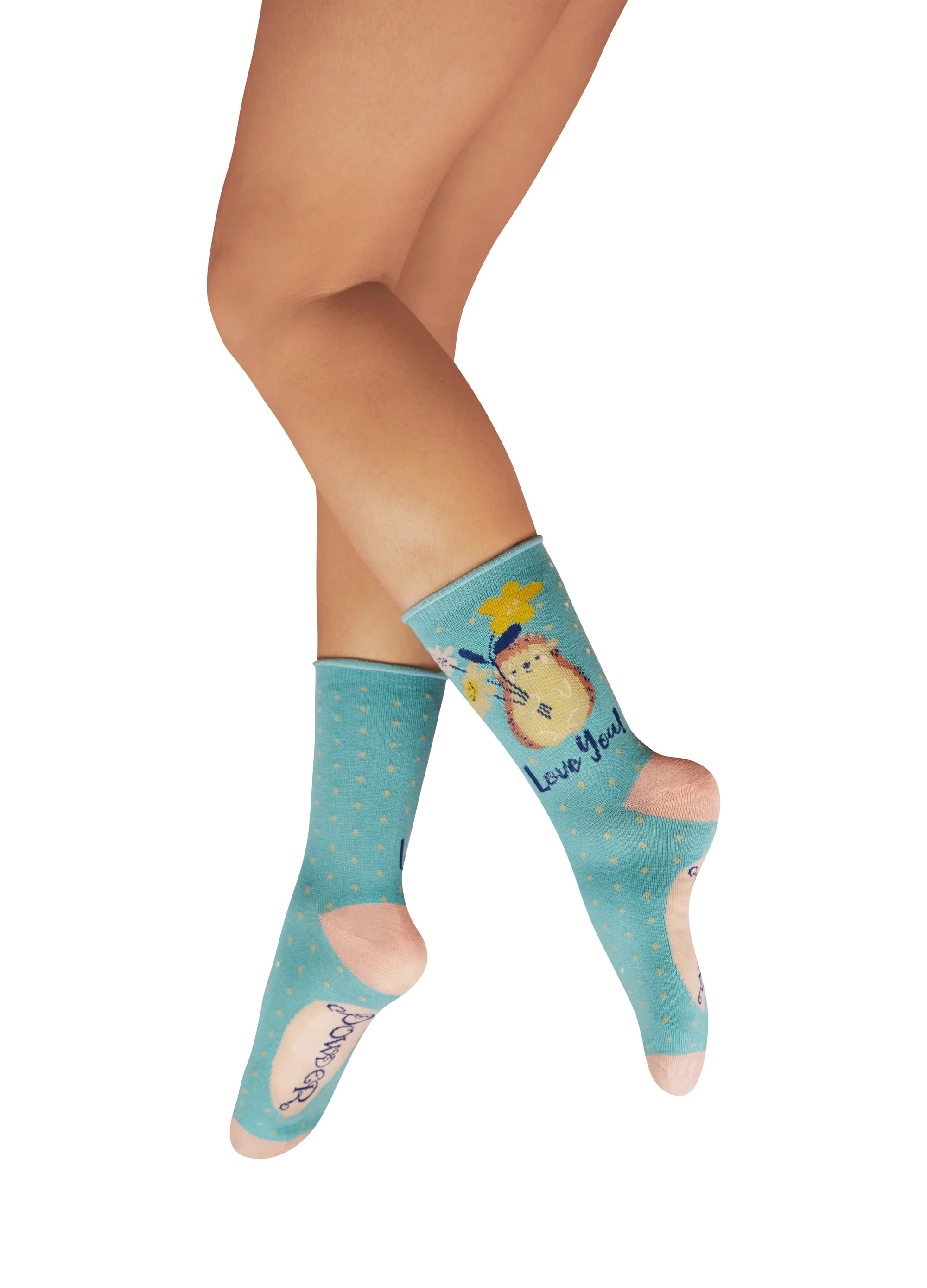 Powder Love You Hedgehog - Ladies Bamboo Ankle Socks - Aqua Blue