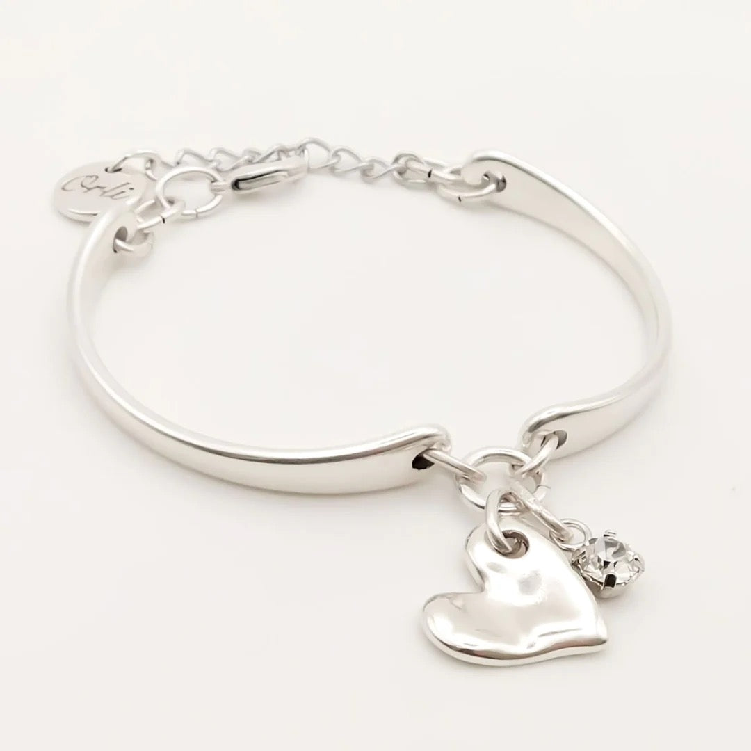 Orli Hammered Heart & Crystal Brangle Bracelet - Silver