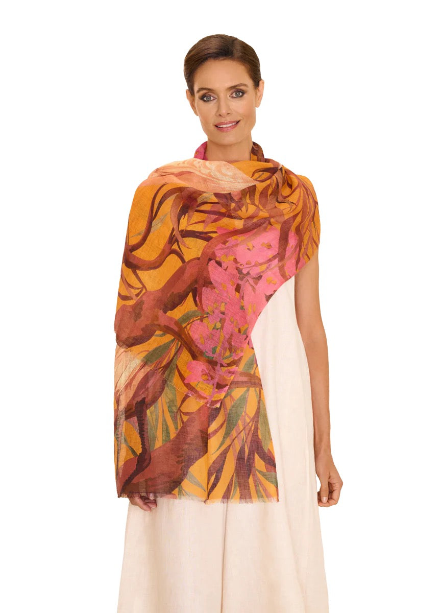 Powder Oriental Crane - Linen/Cotton Mix Scarf - Ochre