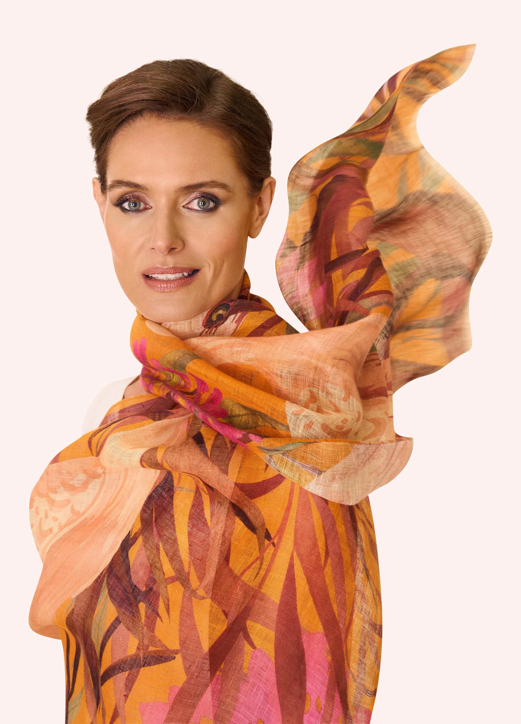 Powder Oriental Crane - Linen/Cotton Mix Scarf - Ochre