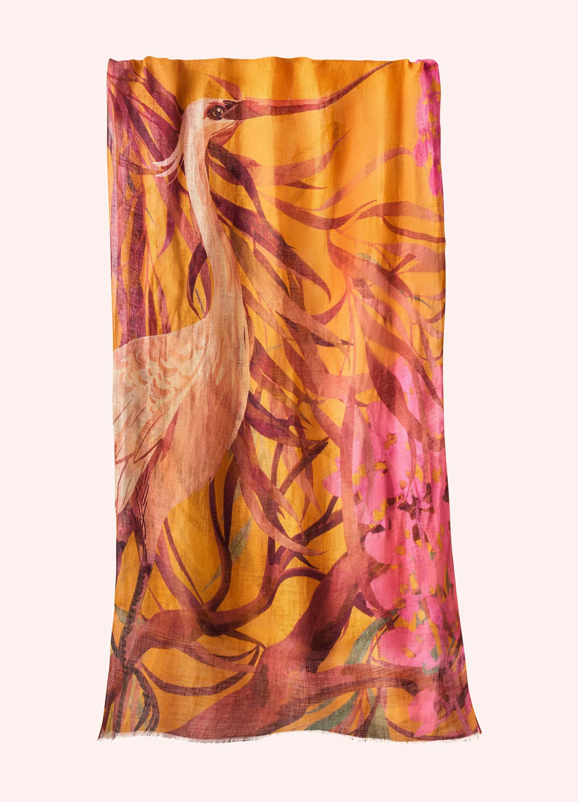 Powder Oriental Crane - Linen/Cotton Mix Scarf - Ochre