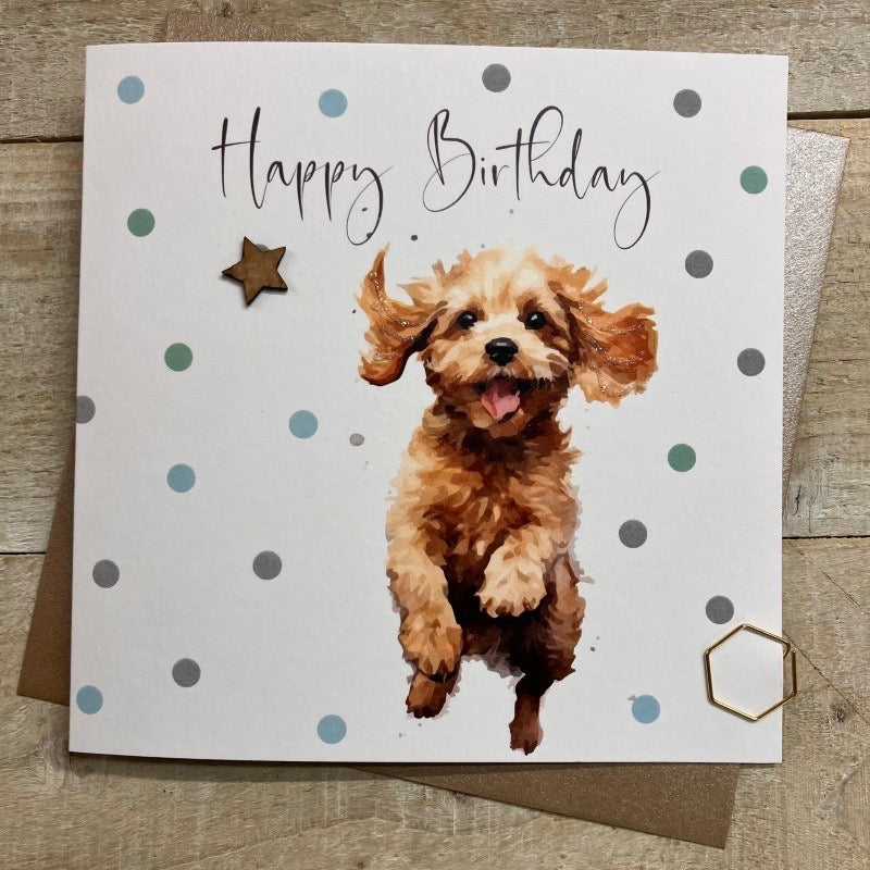 Happy Birthday Excited Running Dog Card - White Cotton Cards