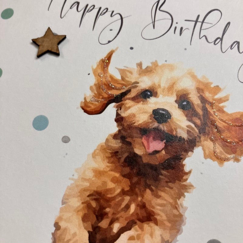 Happy Birthday Excited Running Dog Card - White Cotton Cards
