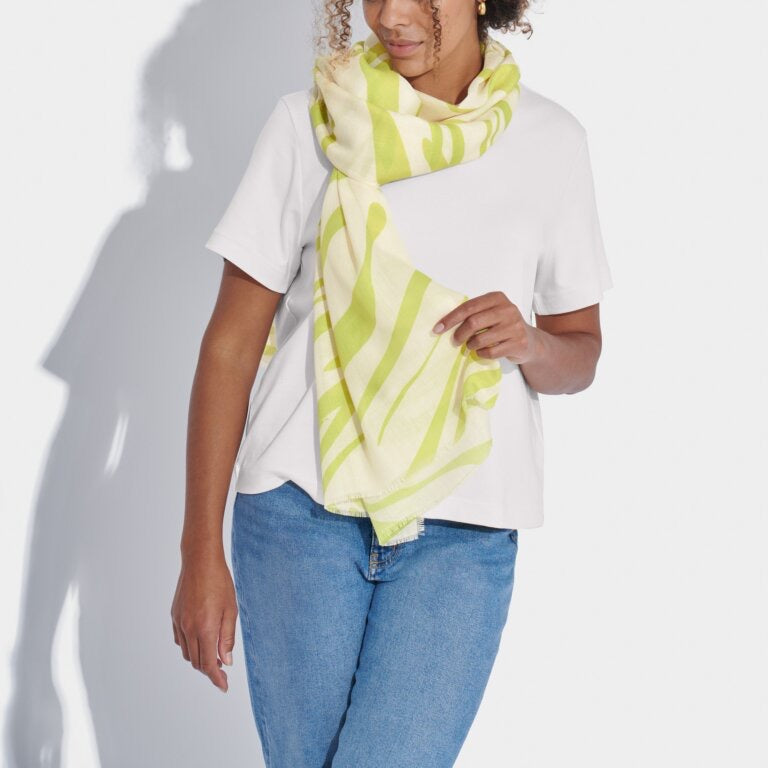Katie Loxton Foil Print Scarf - Tiger Print - Off White/Lime Green