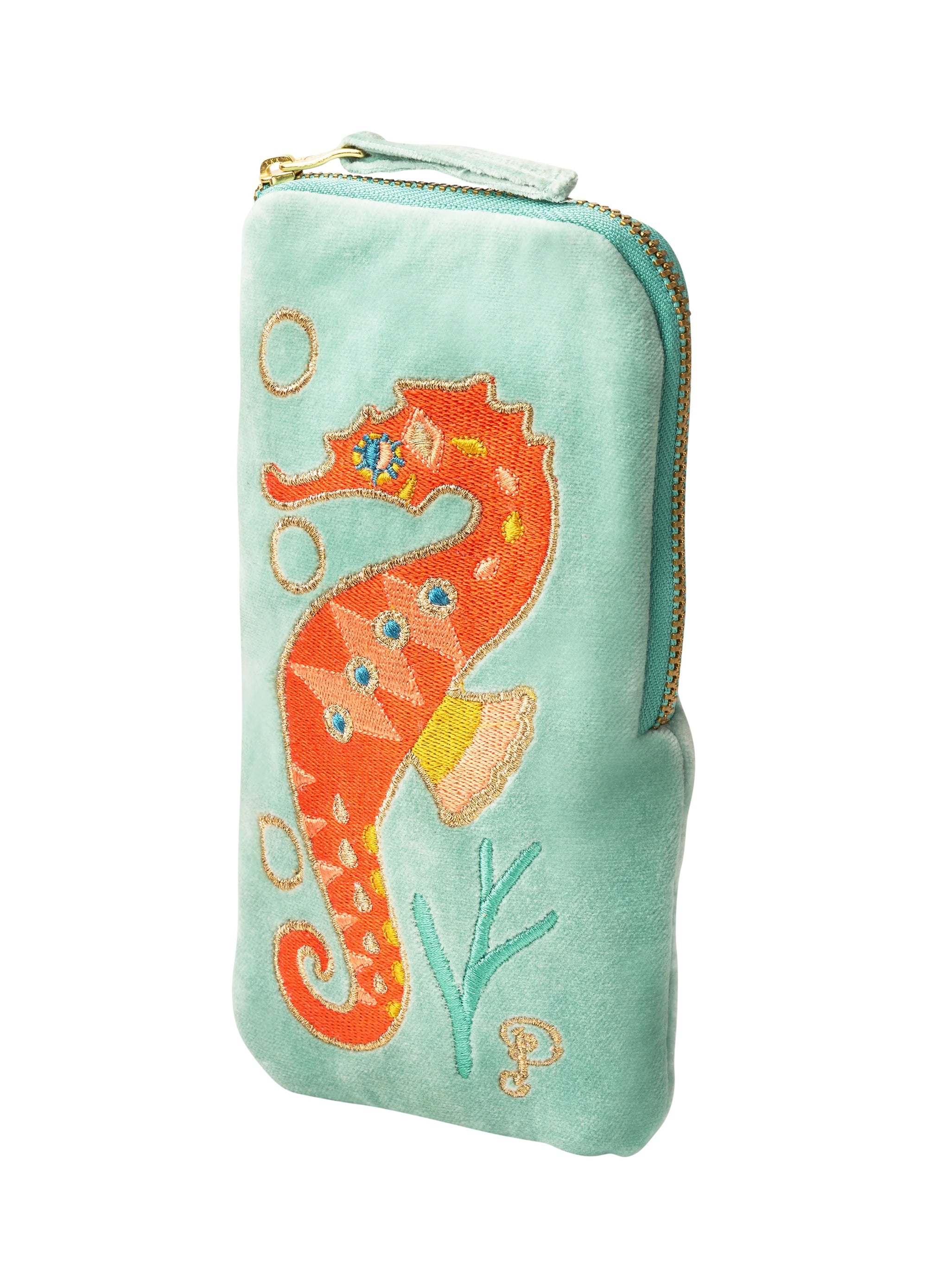 Powder Velvet Glasses Case Zip Pouch - Sparkling Seahorse - Aqua Blue
