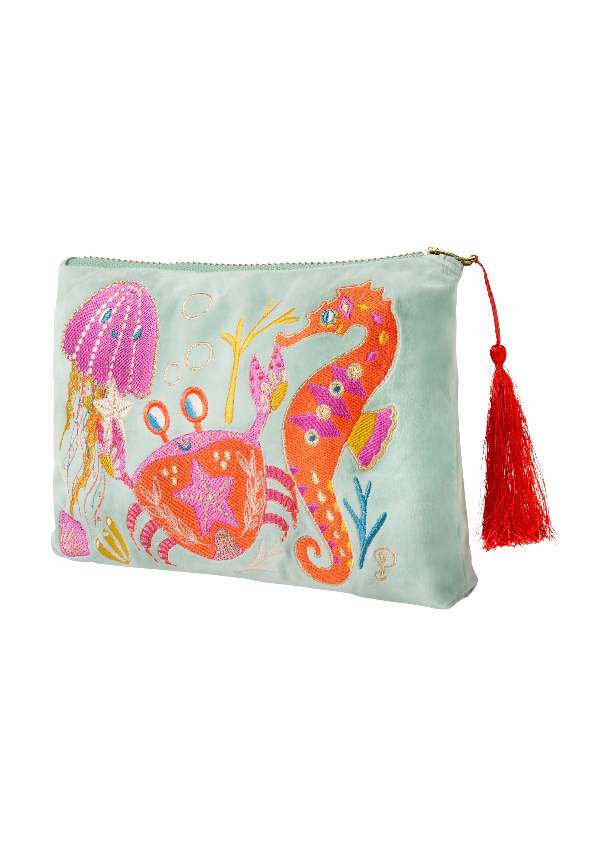 Powder Velvet Large Zip Pouch - Seashore Friends - Aqua Blue