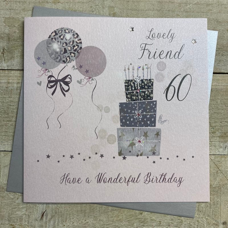 Lovely Friend 60th Birthday Pink Presents & Balloons Glasses LARGE Card - White Cotton Cards