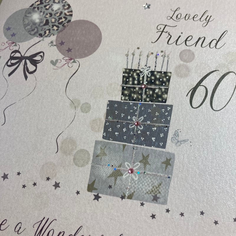 Lovely Friend 60th Birthday Pink Presents & Balloons Glasses LARGE Card - White Cotton Cards