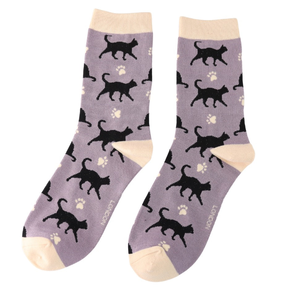 Miss Sparrow Bamboo Ankle Socks - Black Cats & Paw Prints - Mauve