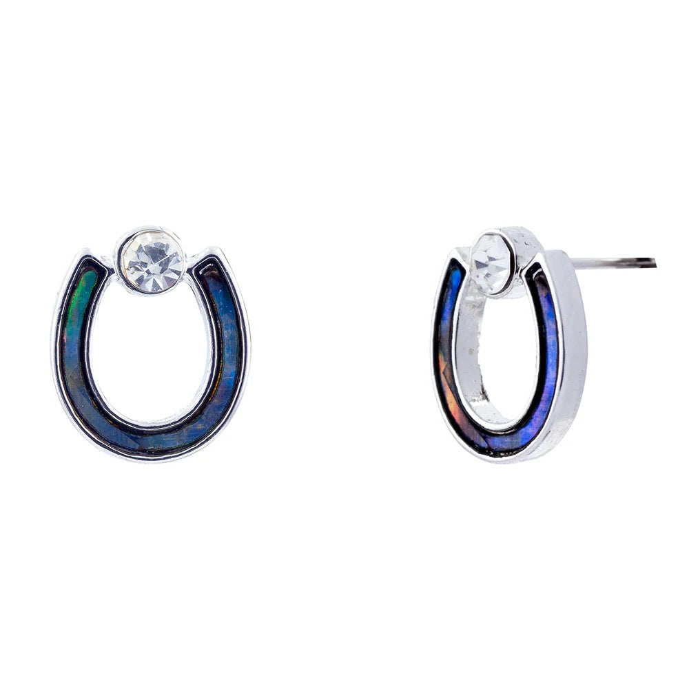 Byzantium Paua Shell Stud Earrings - Horseshoe with Crystal