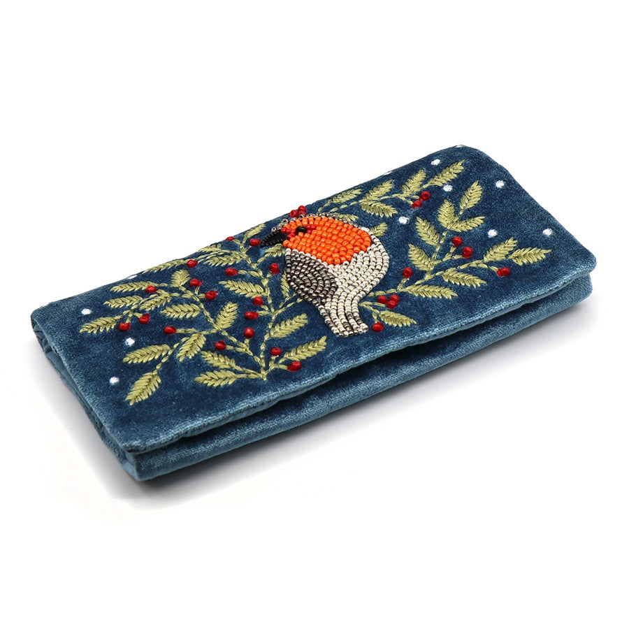 POM Dusky Blue Velvet Robin & Holly Embroidered Jewellery Roll