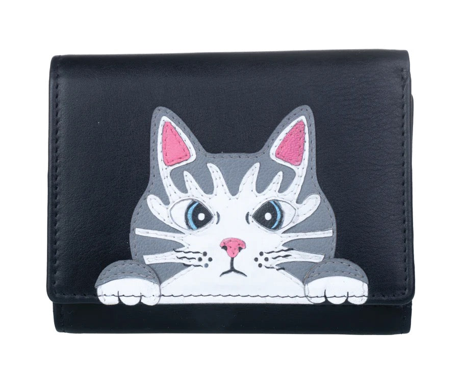 Mala Leather Peeping Cat Tri-Fold Purse (3643 11)- Black